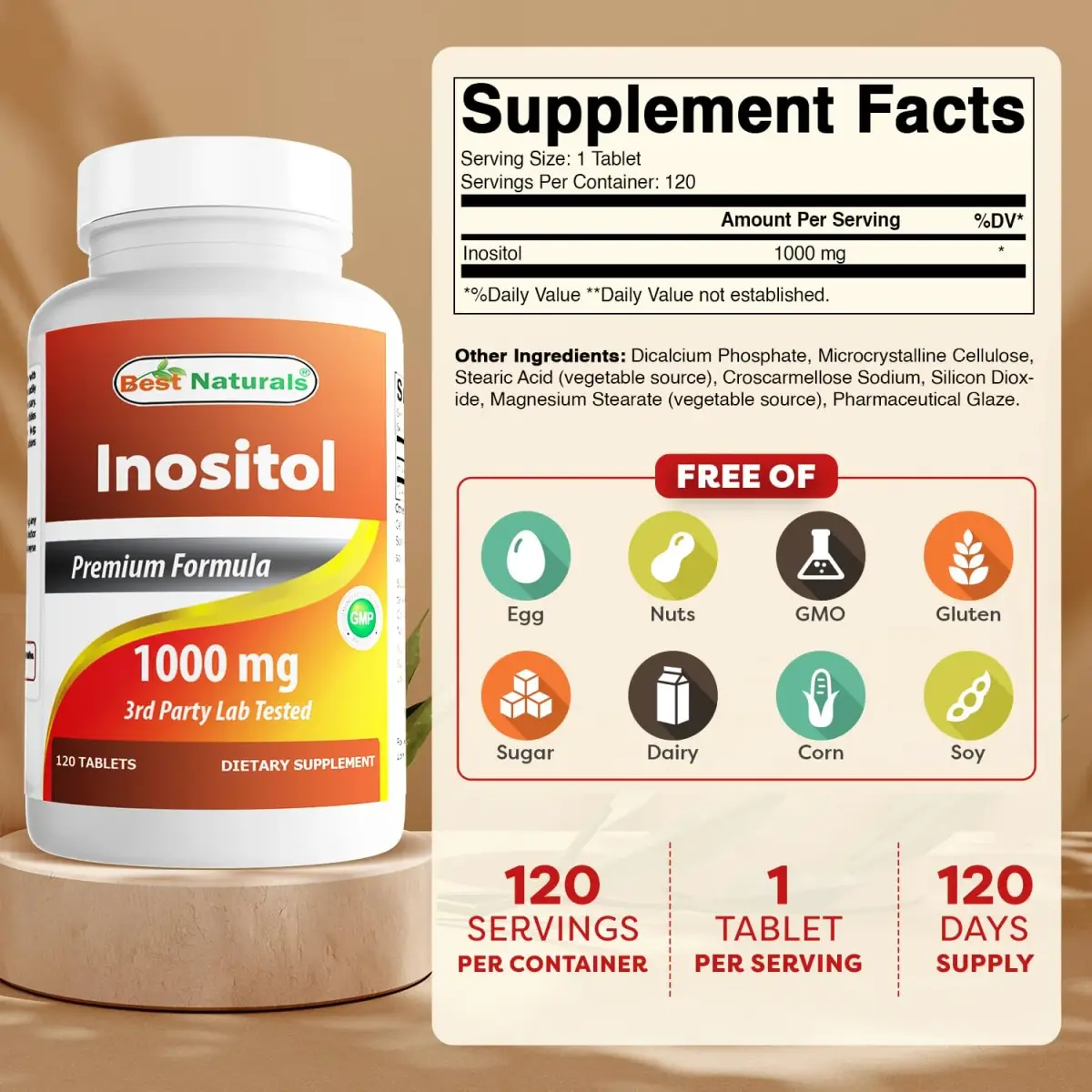 Best Naturals Inositol 1000mg 120 Tablets | Vitamin B8 Supplement for Liver Detox & Cell Communication - view 2
