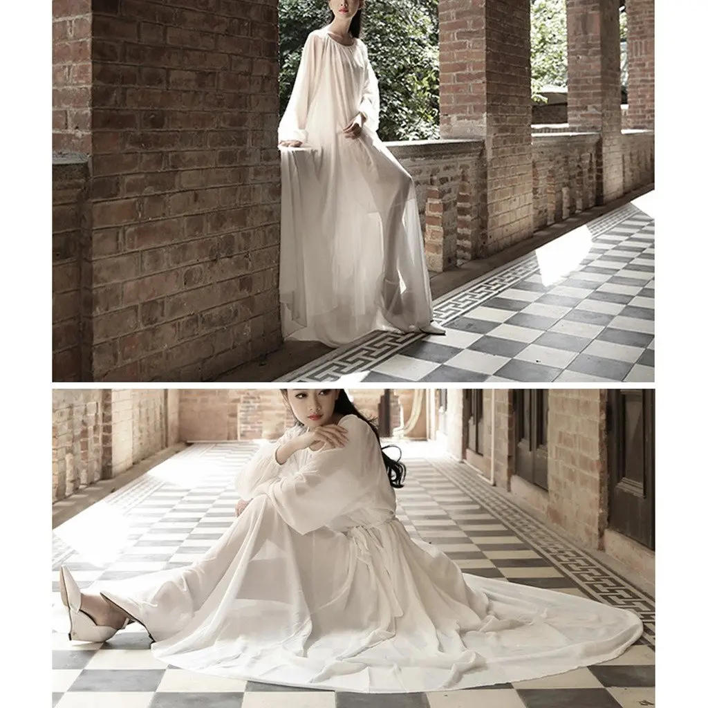 BUENOS NINOS Women's Long Sleeve Maxi Dress with Belt White S | Elegant Chiffon Design - view 5