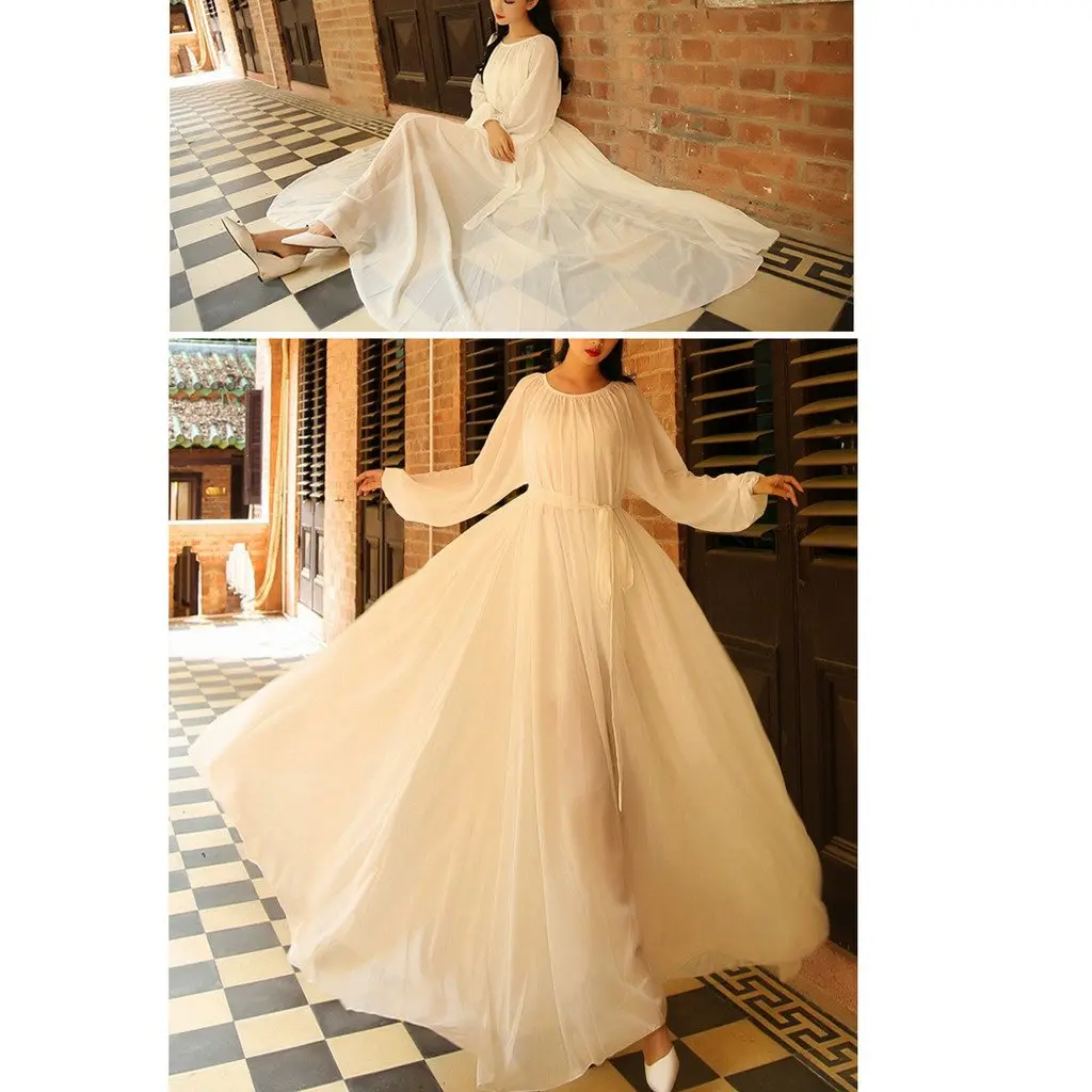 BUENOS NINOS Women's Long Sleeve Maxi Dress with Belt White S | Elegant Chiffon Design - view 4