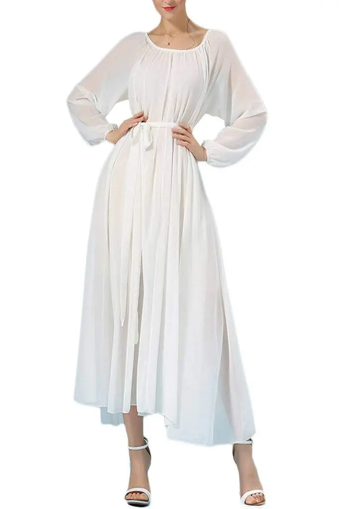 BUENOS NINOS Women's Long Sleeve Crew Neck Maxi Dress with Belt White M | Loose Fit, Chiffon, Perfect for Parties & Vacation - main product image