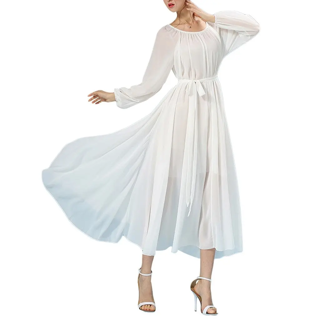 BUENOS NINOS Women's Long Sleeve Crew Neck Maxi Dress with Belt White M | Loose Fit, Chiffon, Perfect for Parties & Vacation - view 2