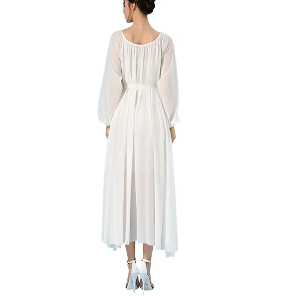 BUENOS NINOS Women's Long Sleeve Crew Neck Maxi Dress with Belt White M | Loose Fit, Chiffon, Perfect for Parties & Vacation - view 3