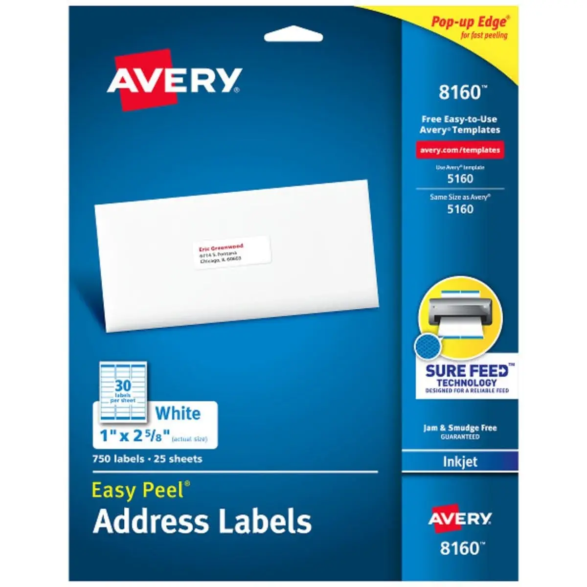 Avery Easy Peel Printable Address Labels 1" x 2-5/8" (750 Labels, White) | Sure Feed Technology for Jam-Free Printing - main product image