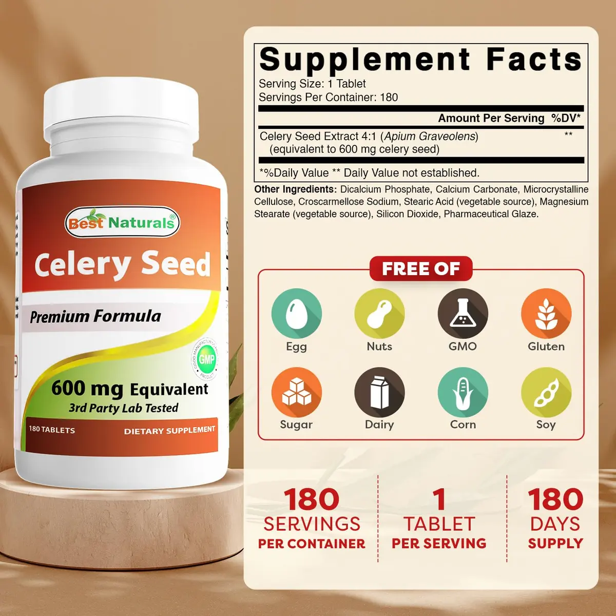 Best Naturals Celery Seed 600 Mg Tablet, 180 Count | Supports Inflammation & Wellness - view 2