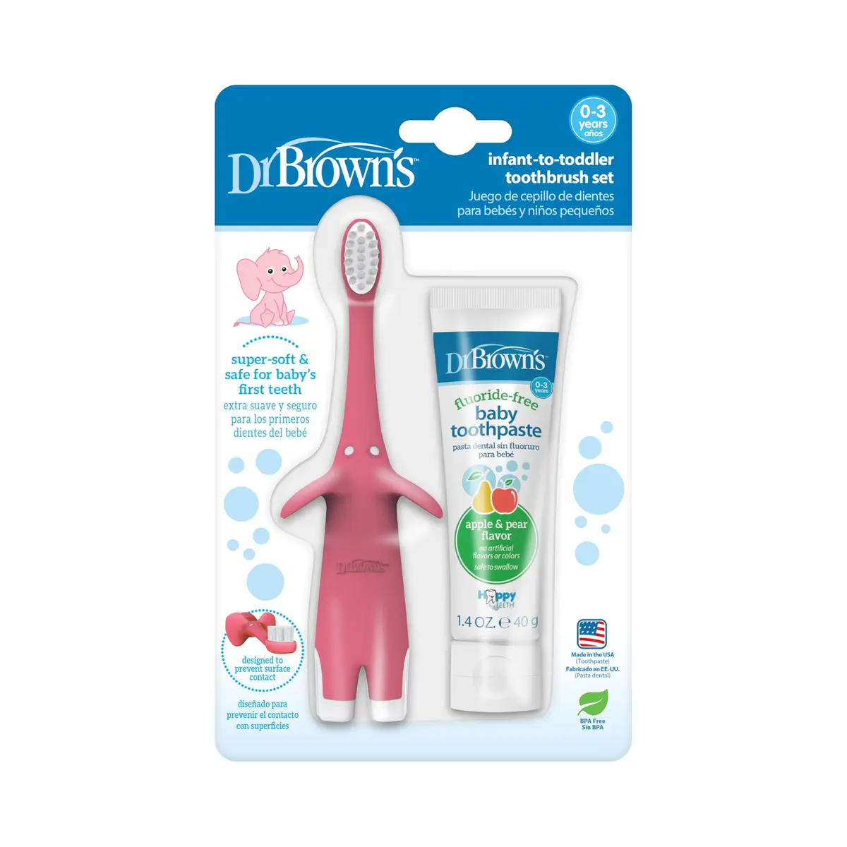 Dr. Brown's Infant-to-Toddler Toothbrush and Toothpaste Set, Pink Elephant, 2 Count (Pack of 1) | BPA-Free & Fluoride-Free Oral Care - main product image