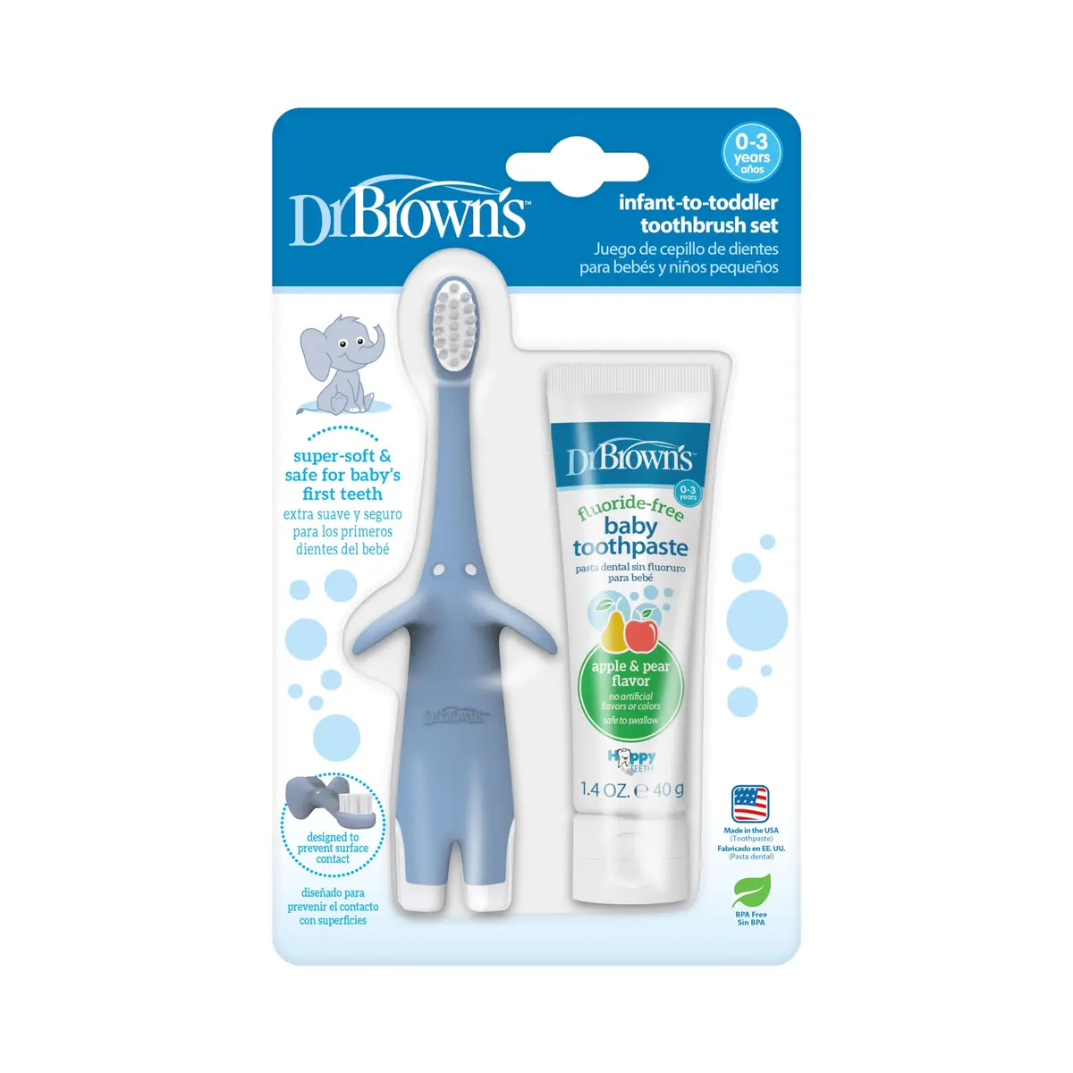 Dr. Brown's Infant-to-Toddler Toothbrush and Toothpaste Set, Blue Elephant, 40g (1.4oz) | BPA-Free, Fluoride-Free Oral Care for Ages 0-3 - main product image