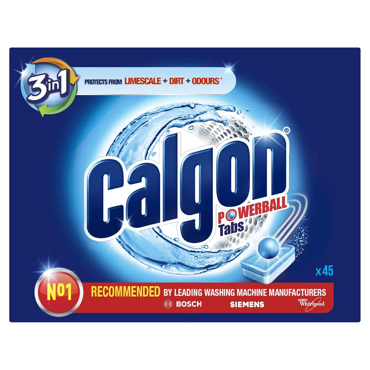 Calgon Tablets 3-In-1 Water Softener, 45 Tablets | Protects Washing Machine & Clothes - main product image