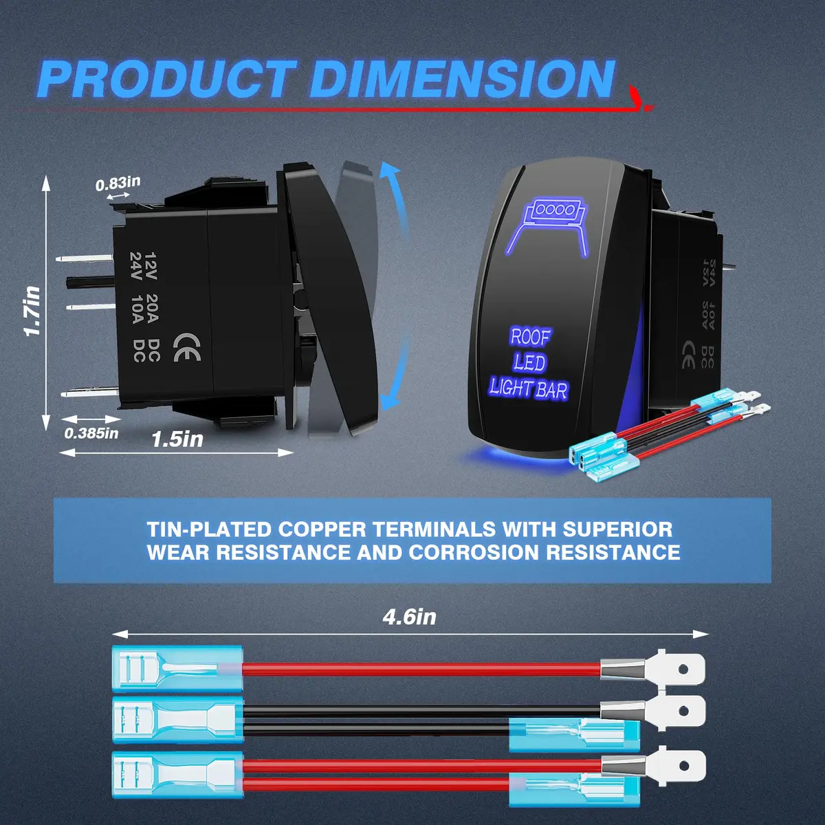 MICTUNING Blue 5-Pin Rocker Switch 20A 12V | SPST On-Off with Jumper Wires & LED Illumination - view 6