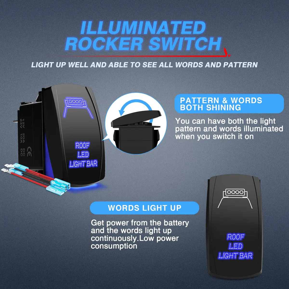 MICTUNING Blue 5-Pin Rocker Switch 20A 12V | SPST On-Off with Jumper Wires & LED Illumination - view 2
