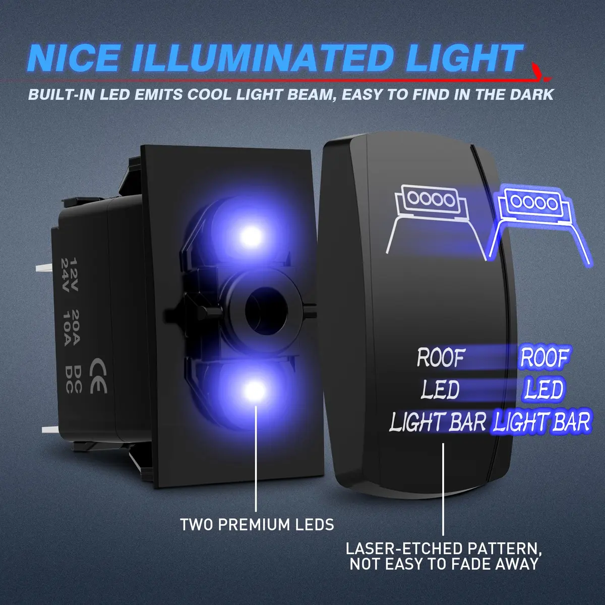 MICTUNING Blue 5-Pin Rocker Switch 20A 12V | SPST On-Off with Jumper Wires & LED Illumination - view 4