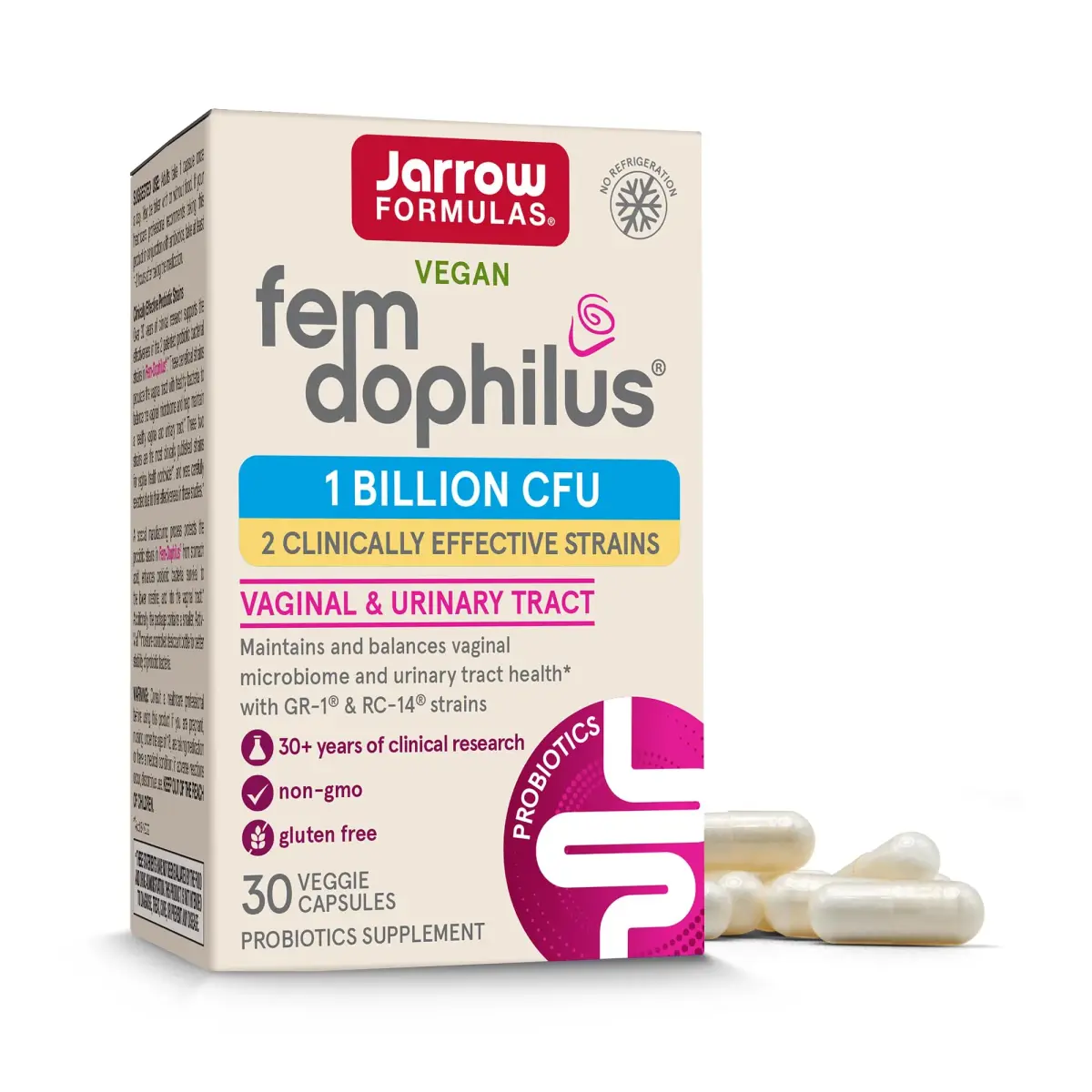 Jarrow Formulas Fem-Dophilus Probiotics Vaginal & Urinary Tract Support 30 Capsules | 1 Billion CFU Clinically Studied Strains - main product image