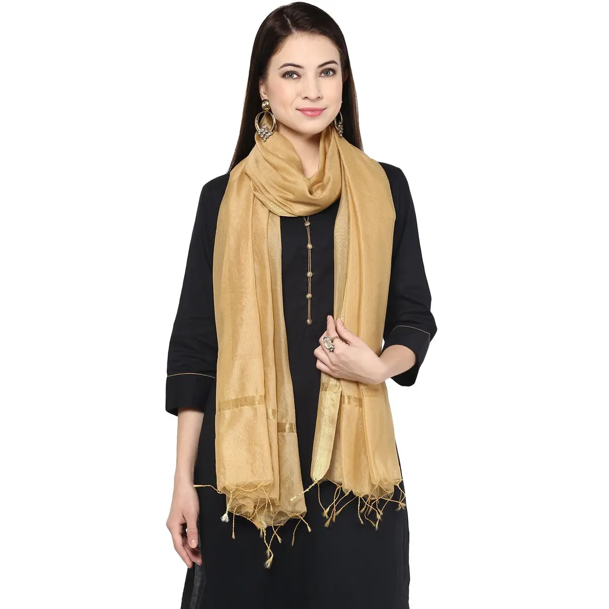 DUPATTA BAZAAR Plain Gold Blended Silk Dupatta 2.4 m (8 ft) | Elegant Ethnic Accessory - view 3