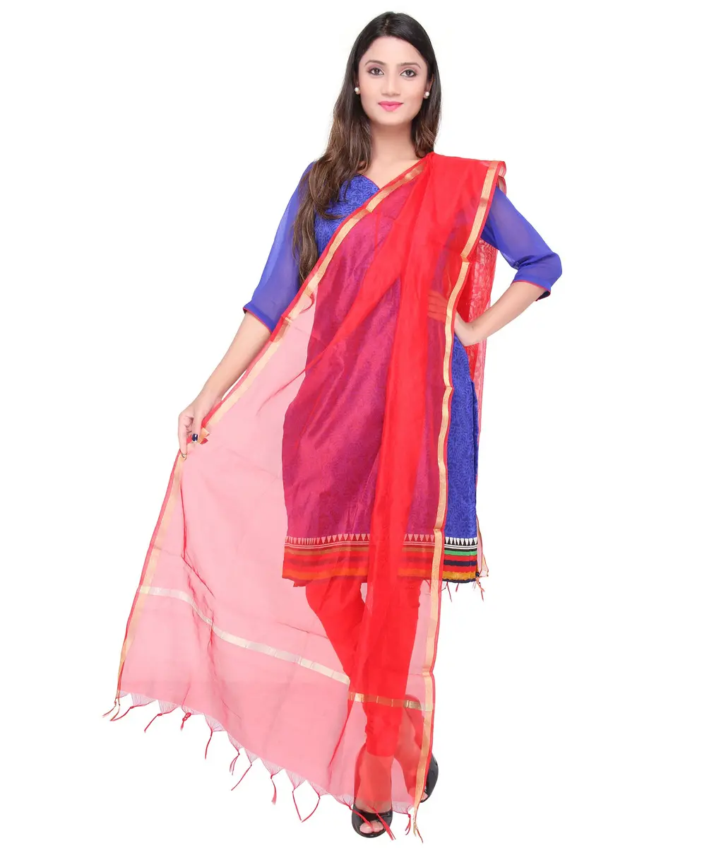 DUPATTA BAZAAR Plain Silk Red Dupatta | Elegant Lightweight Art Silk with Gold Zari Lace - main product image