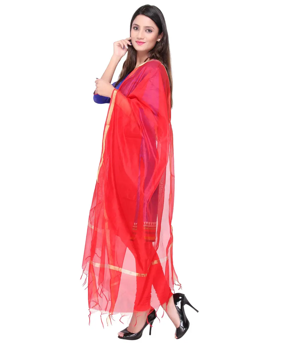 DUPATTA BAZAAR Plain Silk Red Dupatta | Elegant Lightweight Art Silk with Gold Zari Lace - view 2