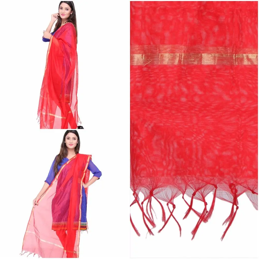 DUPATTA BAZAAR Plain Silk Red Dupatta | Elegant Lightweight Art Silk with Gold Zari Lace - view 4