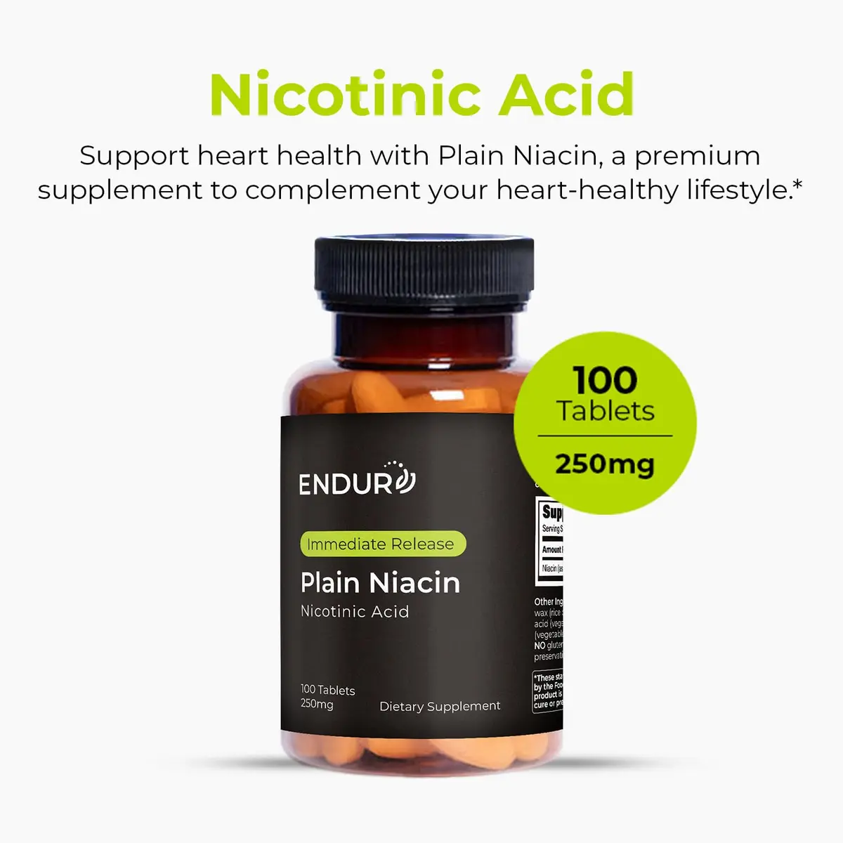 Endurance Products Plain Niacin 250mg | Immediate Release, Heart & Cholesterol Support (115c) - view 2