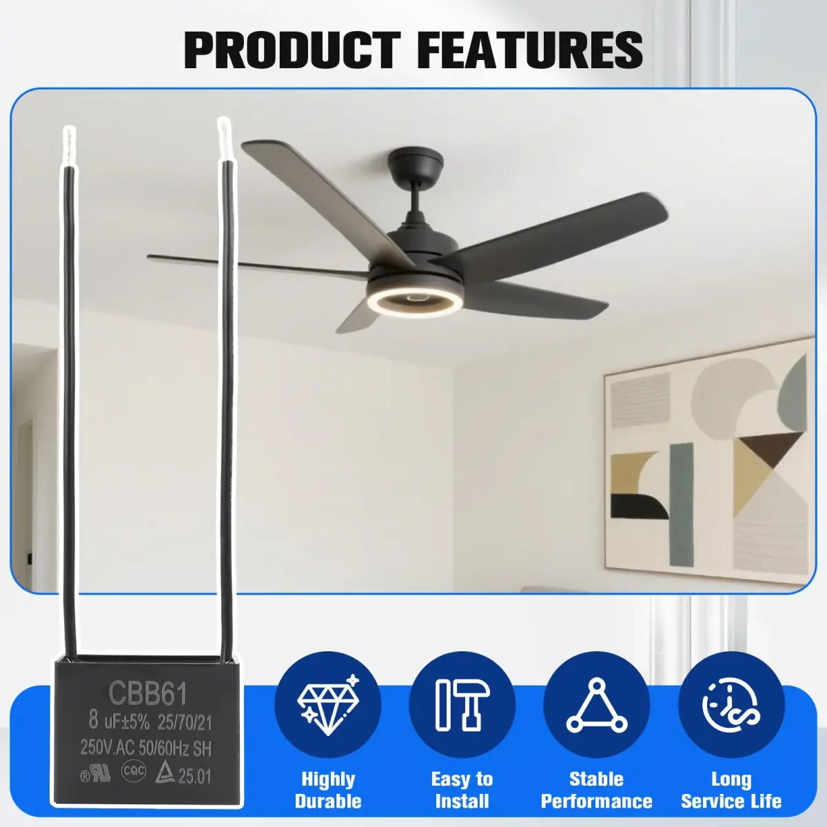 Podoy CBB61 Ceiling Fan Capacitor 8uF 250VAC 2-Wire | UL Listed for Safety - view 5