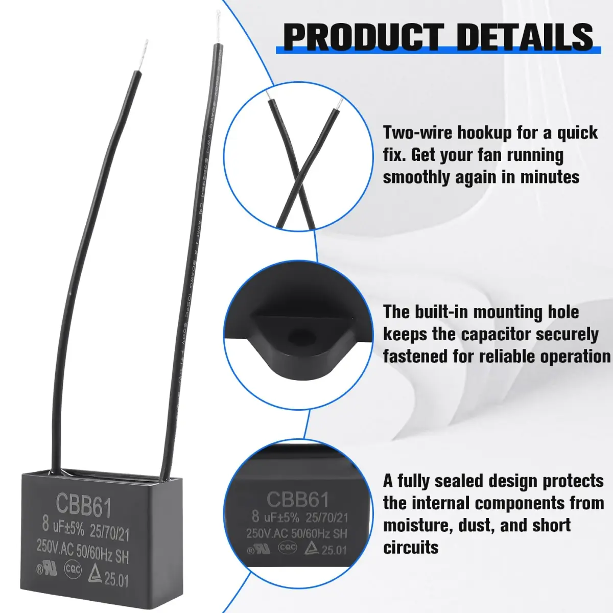 Podoy CBB61 Ceiling Fan Capacitor 8uF 250VAC 2-Wire | UL Listed for Safety - view 4