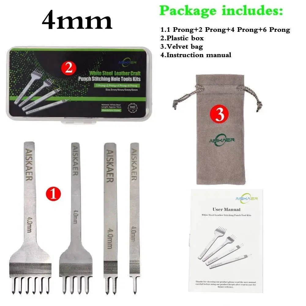 Aiskaer Leather Stitching Punch Set 4mm White Steel 1/2/4/6 Prong | Diamond Chisel Tools for Leather Craft DIY - view 6