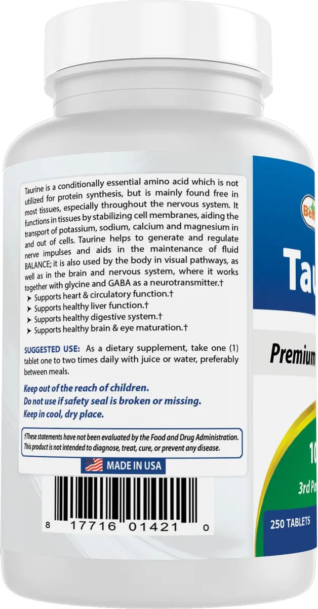 Best Naturals Taurine 1000 mg 250 Tablets | Supports Eye & Heart Health, Pre-Workout - view 7