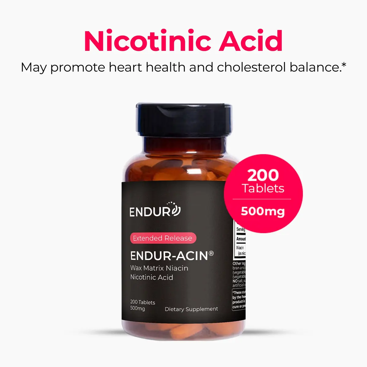 Endurance Products ENDUR-ACIN® Niacin 500mg | Supports Heart & Cholesterol, 200 Tablets - view 2