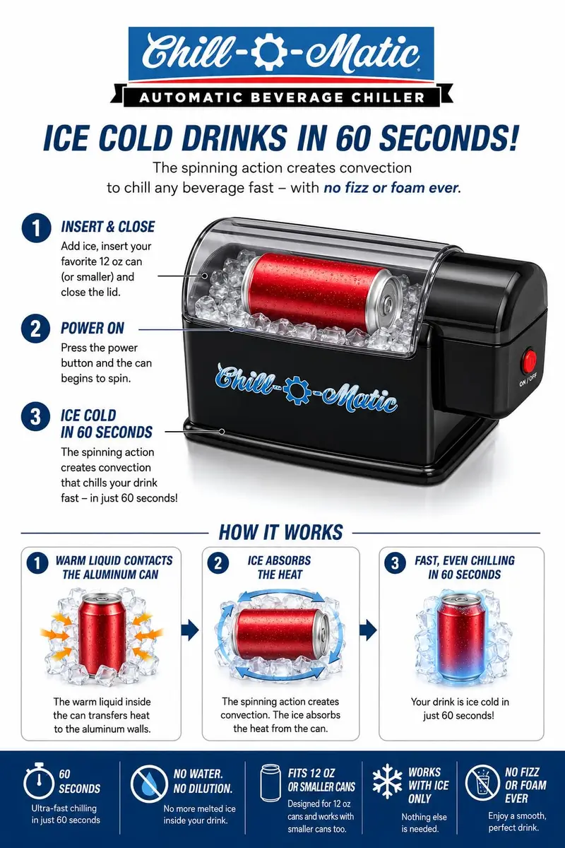 Chill-O-Matic Instant Beverage Cooler – Chill 12 oz Soda & Beer Cans in 60 Seconds – Portable Electric Drink Chiller for Tailgating, BBQs, Camping & Parties (Black) - view 6