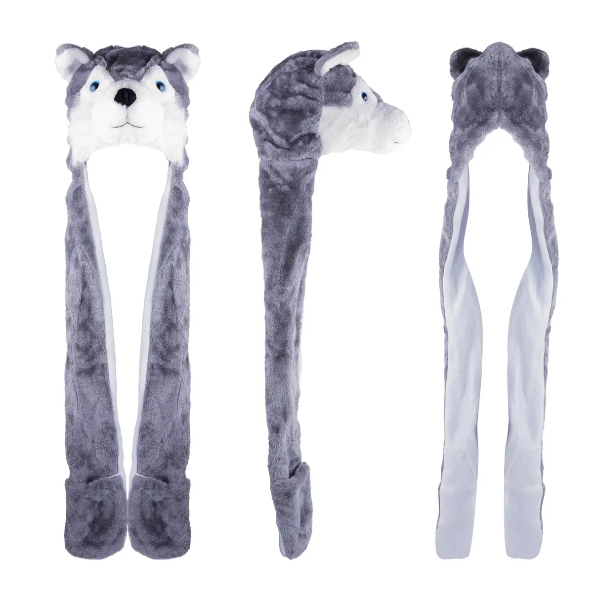 Super Z Outlet Plush Animal Hat in Grey | Cozy Winter Beanie with Attached Mittens & Scarf (7.9in x 9.8in x 4.9in) - view 2