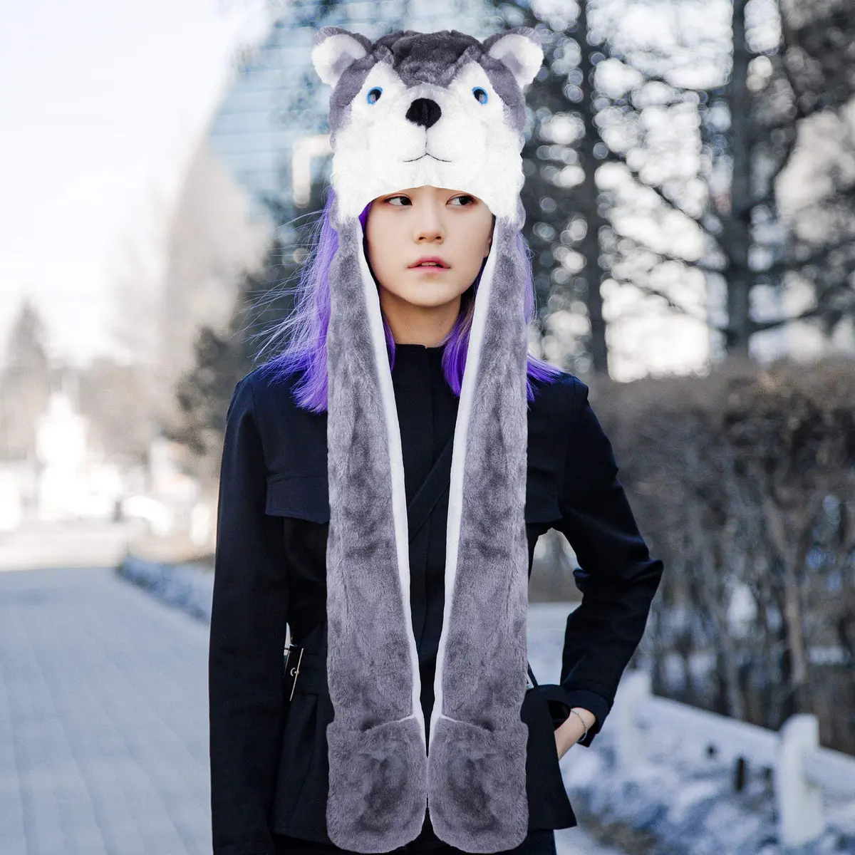 Super Z Outlet Plush Animal Hat in Grey | Cozy Winter Beanie with Attached Mittens & Scarf (7.9in x 9.8in x 4.9in) - view 4