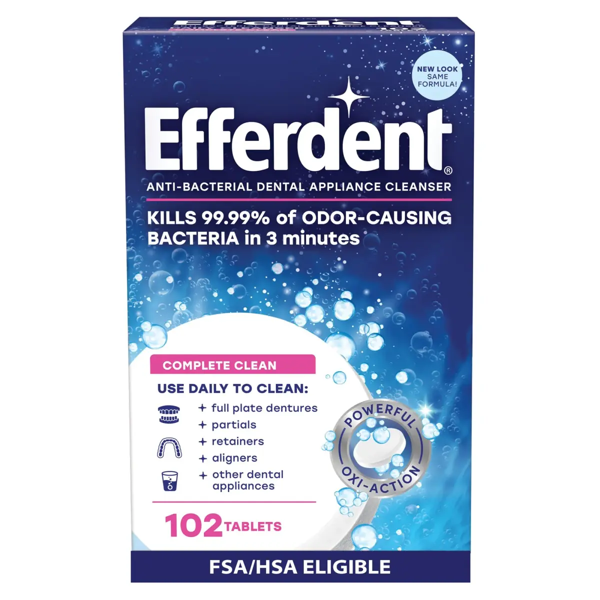 Efferdent Complete Clean Denture Cleaner Tablets 102 Count | Kills 99.99% Bacteria in 3 Mins - main product image