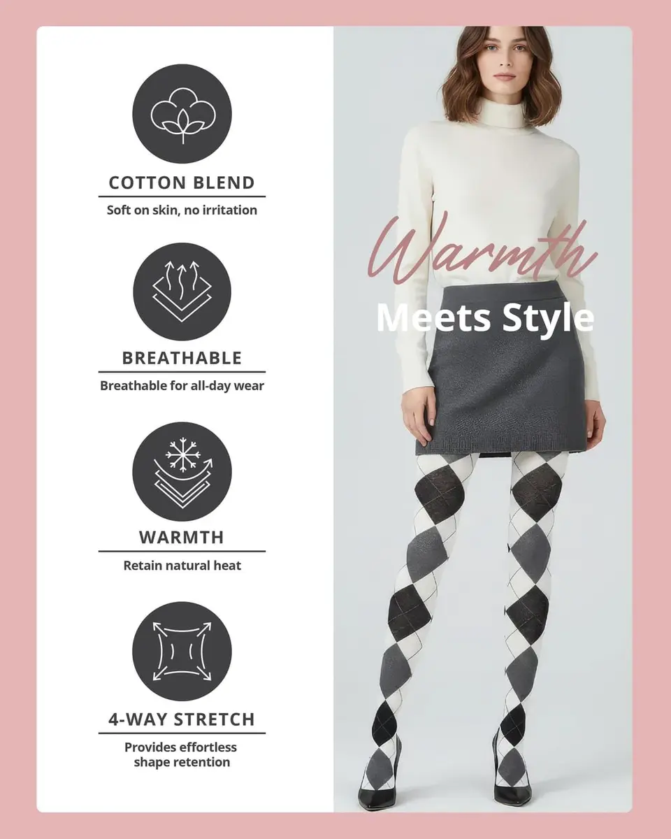 MeMoi Textured Argyle Sweater Tights | Classic Warmth & Style for Women (70-120 chars) - view 3