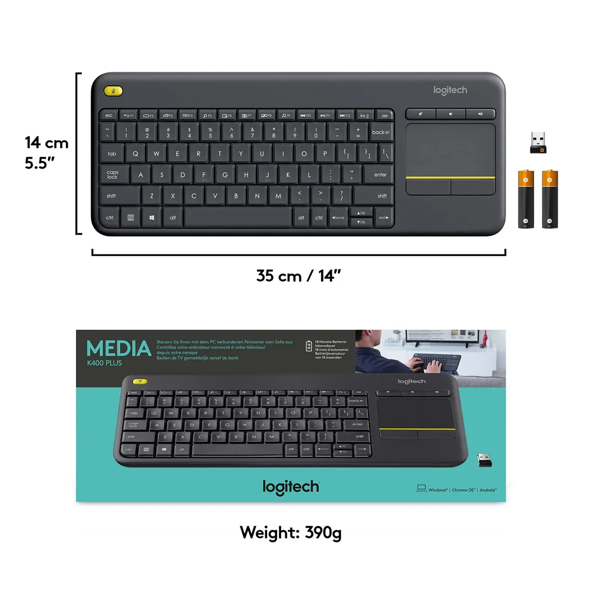 Logitech K400 Plus Wireless Touch TV Keyboard for PC-Connected TV | Long-lasting, Comfortable Control (70-120 chars) - view 8