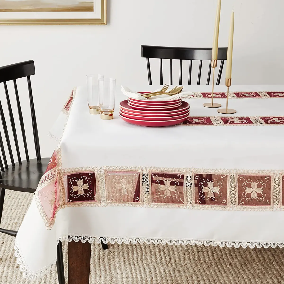 Violet Linen HomeCrate Emerald Tablecloths 70" x 120" | Floral Embroidered Rose Design - view 2