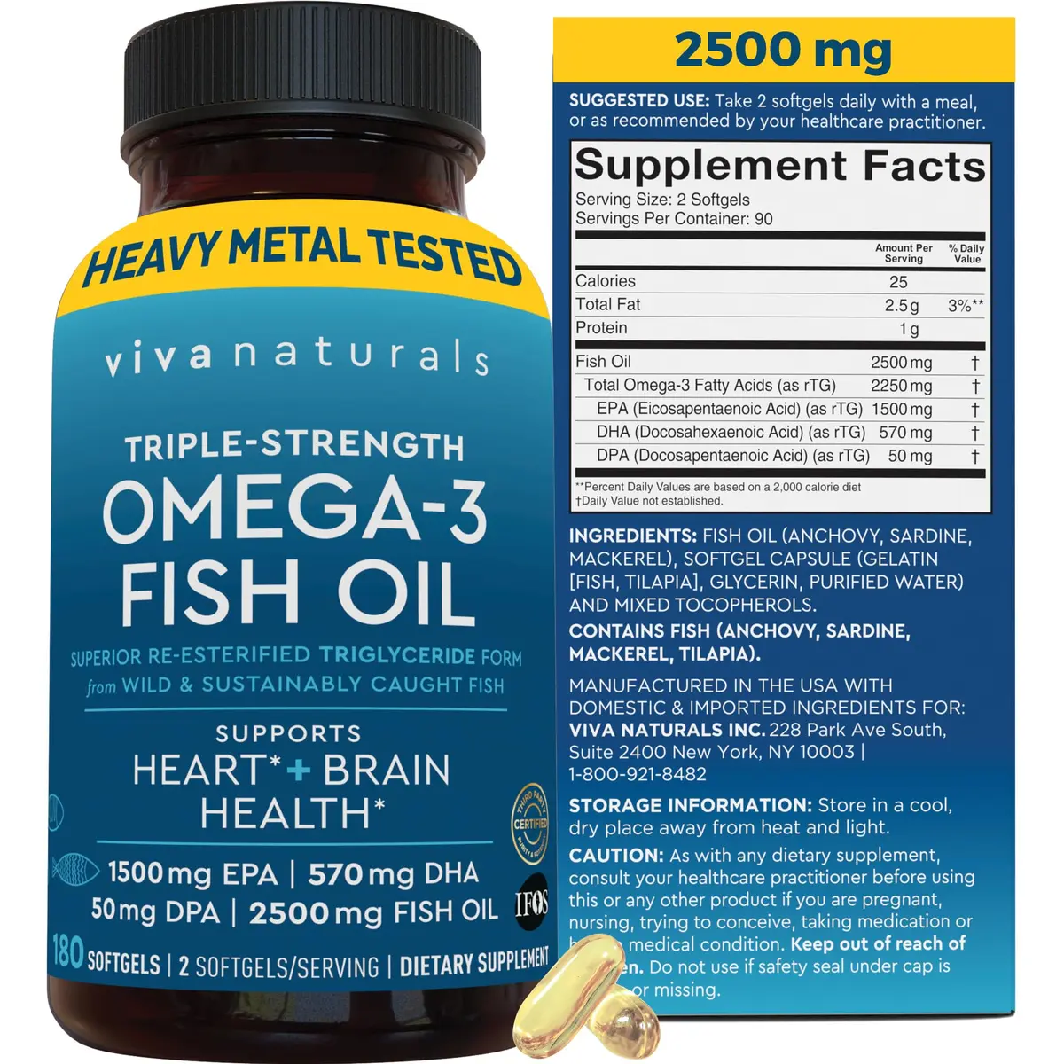 Viva Naturals Omega 3 Fish Oil Supplement 2500 mg | Supports Heart, Brain & Skin Health - main product image