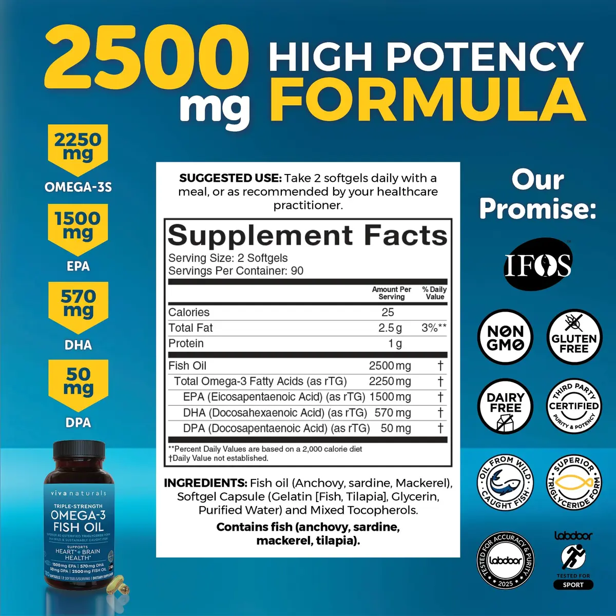 Viva Naturals Omega 3 Fish Oil Supplement 2500 mg | Supports Heart, Brain & Skin Health - view 2
