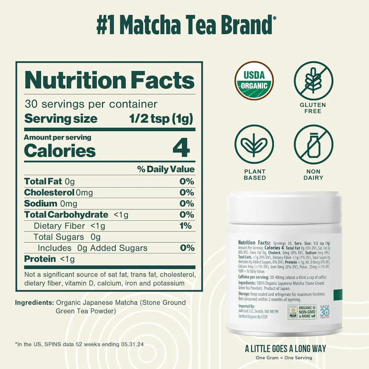 Jade Leaf Ceremonial Grade Matcha Powder, 30g / 1.06oz Tin | First-Harvest Organic Japanese Matcha - view 2