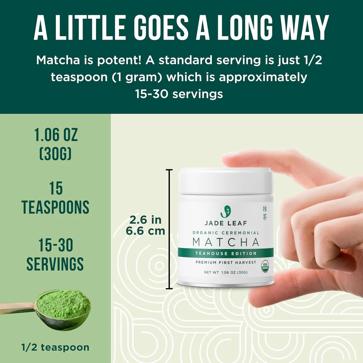 Jade Leaf Ceremonial Grade Matcha Powder, 30g / 1.06oz Tin | First-Harvest Organic Japanese Matcha - view 4