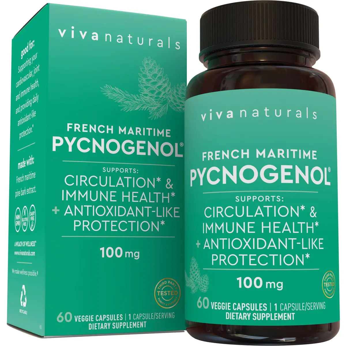 Viva Naturals Pycnogenol 100mg French Maritime Pine Bark Extract Supports Circulation, Joints & Immunity – 60 Veggie Capsules - main product image
