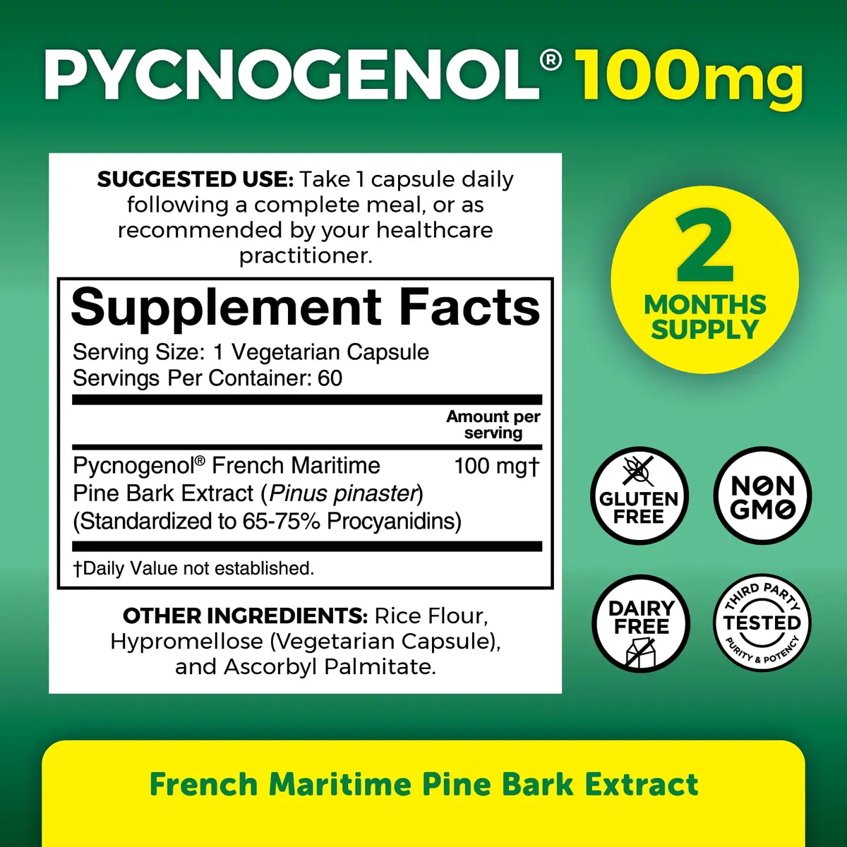 Viva Naturals Pycnogenol 100mg French Maritime Pine Bark Extract Supports Circulation, Joints & Immunity – 60 Veggie Capsules - view 4