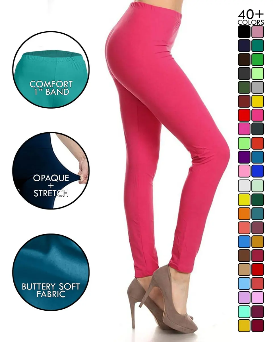 Leggings Depot Womens 1" Waistband High Waisted Solid Leggings Pants (Full Length, Fuchsia, One Size) | Soft, Stretchy & Comfortable - view 3