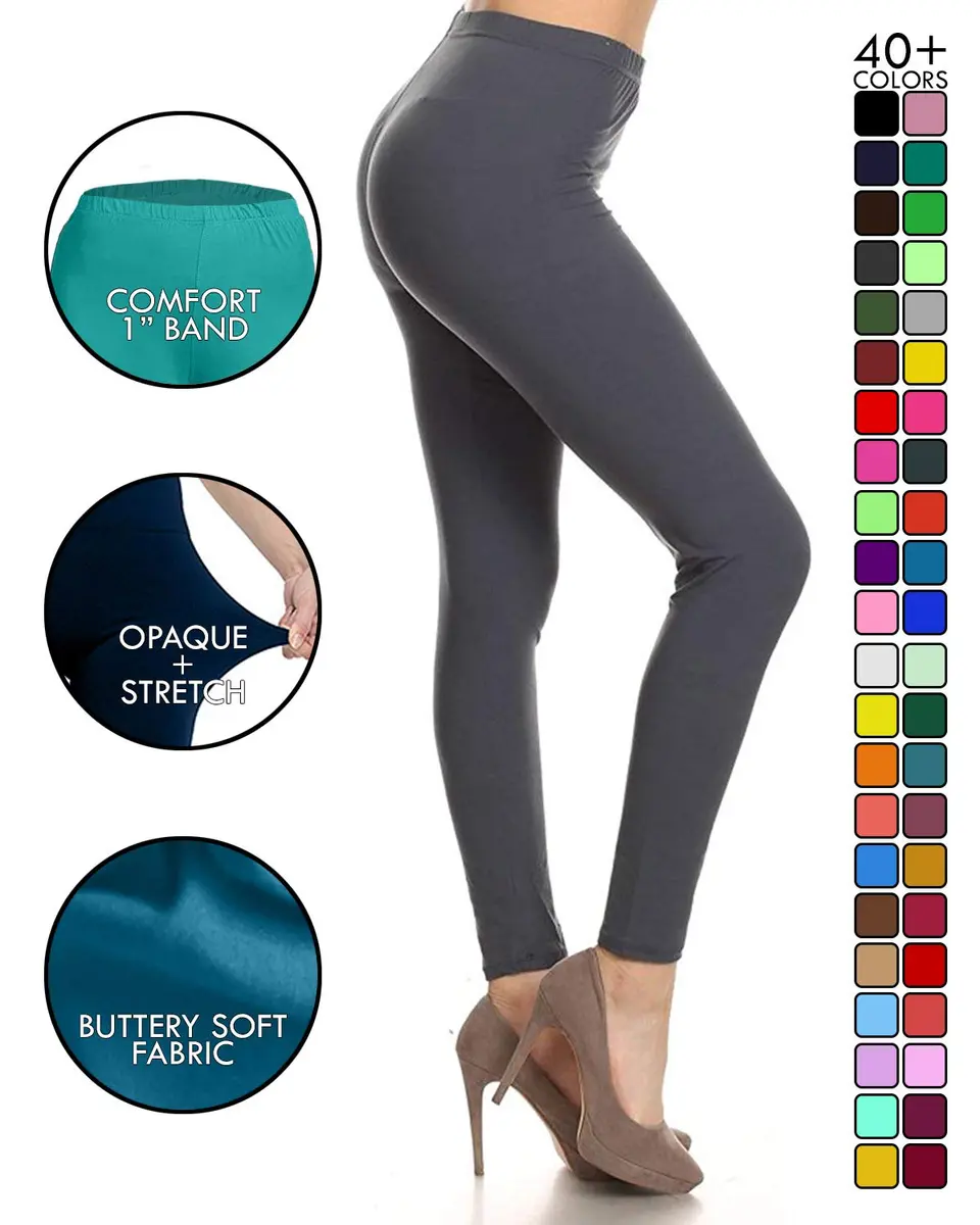 Leggings Depot Womens 1" Waistband High Waisted Solid Leggings Pants (Full Length, Charcoal Gray, One Size Plus) | Soft, Comfortable, Durable - view 3