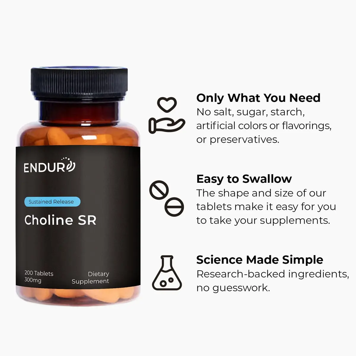 Endurance Products ENDUR Choline L(+) Bitartrate 300mg | Sustained Release, 200 Tablets for Brain & Prenatal Support - view 5
