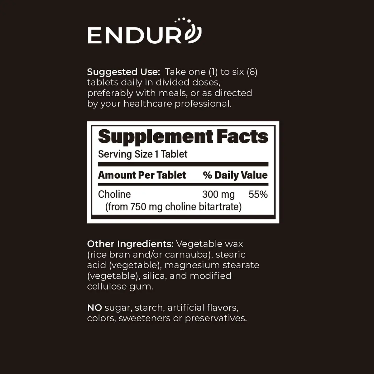 Endurance Products ENDUR Choline L(+) Bitartrate 300mg | Sustained Release, 200 Tablets for Brain & Prenatal Support - view 6