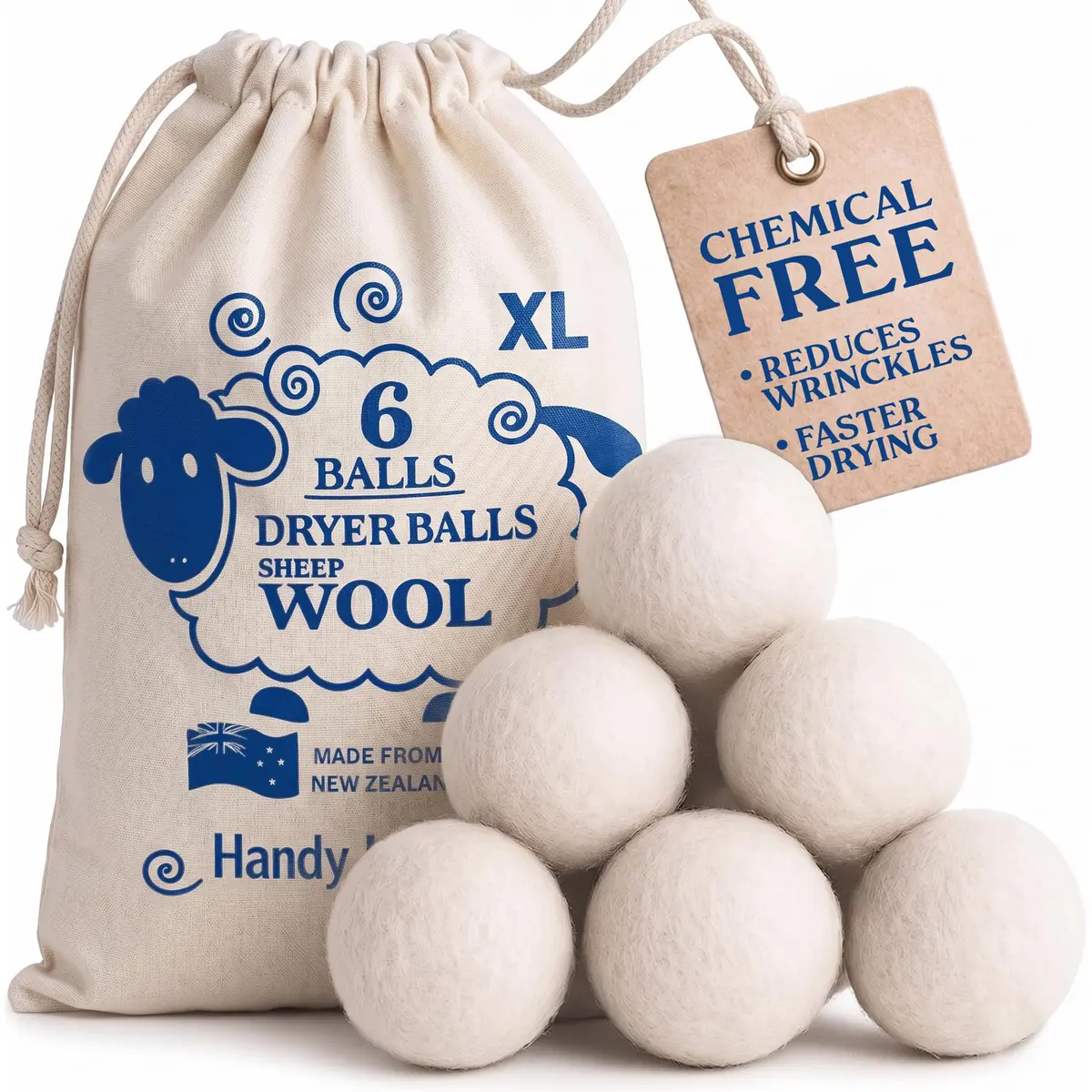 Handy Laundry Wool Dryer Balls 6-Pack, Reusable Natural Fabric Softener | 270 g (0.6 lb) - main product image