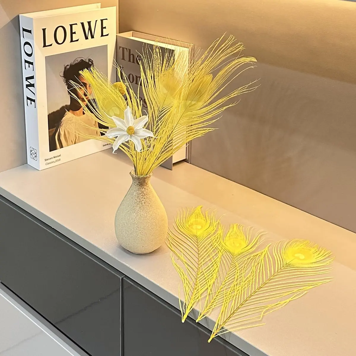 Shekyeon Natural Peacock Feathers, 10-12 Inch (25-30cm) Bleached Plume, Pack of 10 (Yellow) | Wedding & Table Centerpiece Craft Supply - view 4