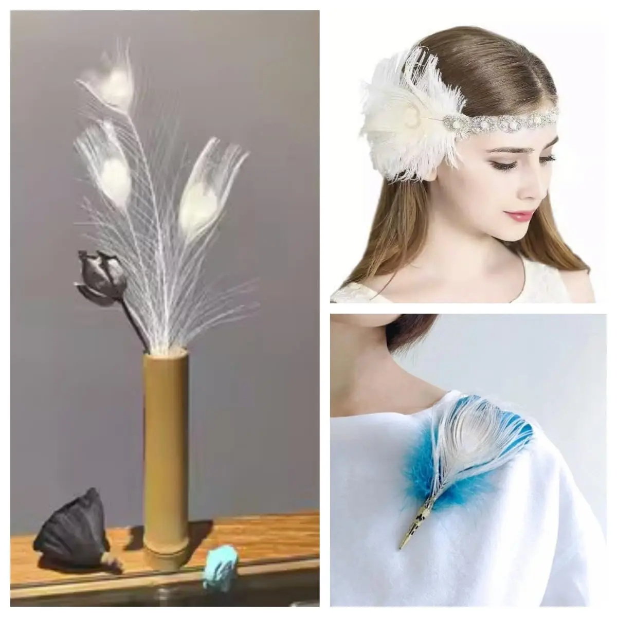Shekyeon Natural Dyeing Peacock Feathers 25-30cm (10-12 Inch) Pack of 10 | Off-White Wedding & Craft Decor - view 6