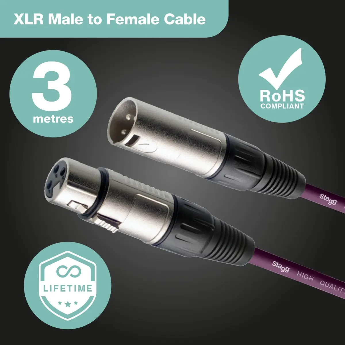 Stagg SMC3 CPP 3m XLR to XLR Microphone Cable - Purple | Balanced Audio Cable for Microphones - view 2
