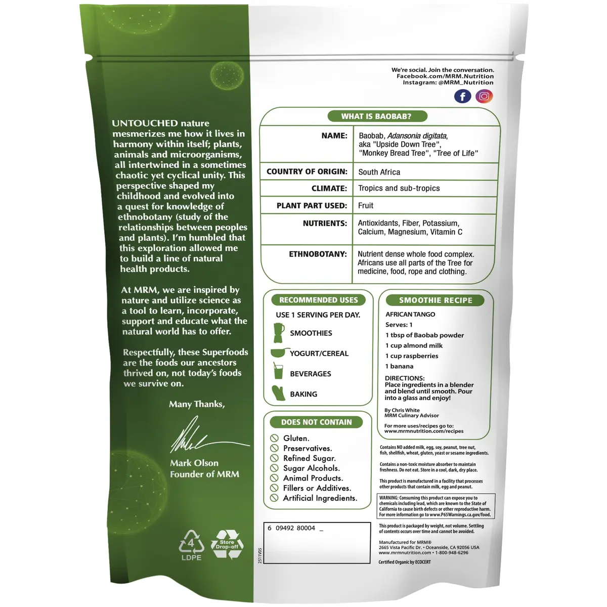 MRM Organic Baobab Powder 240g (8.5 oz) | USDA Organic Superfood for Digestive & Immune Support - view 2