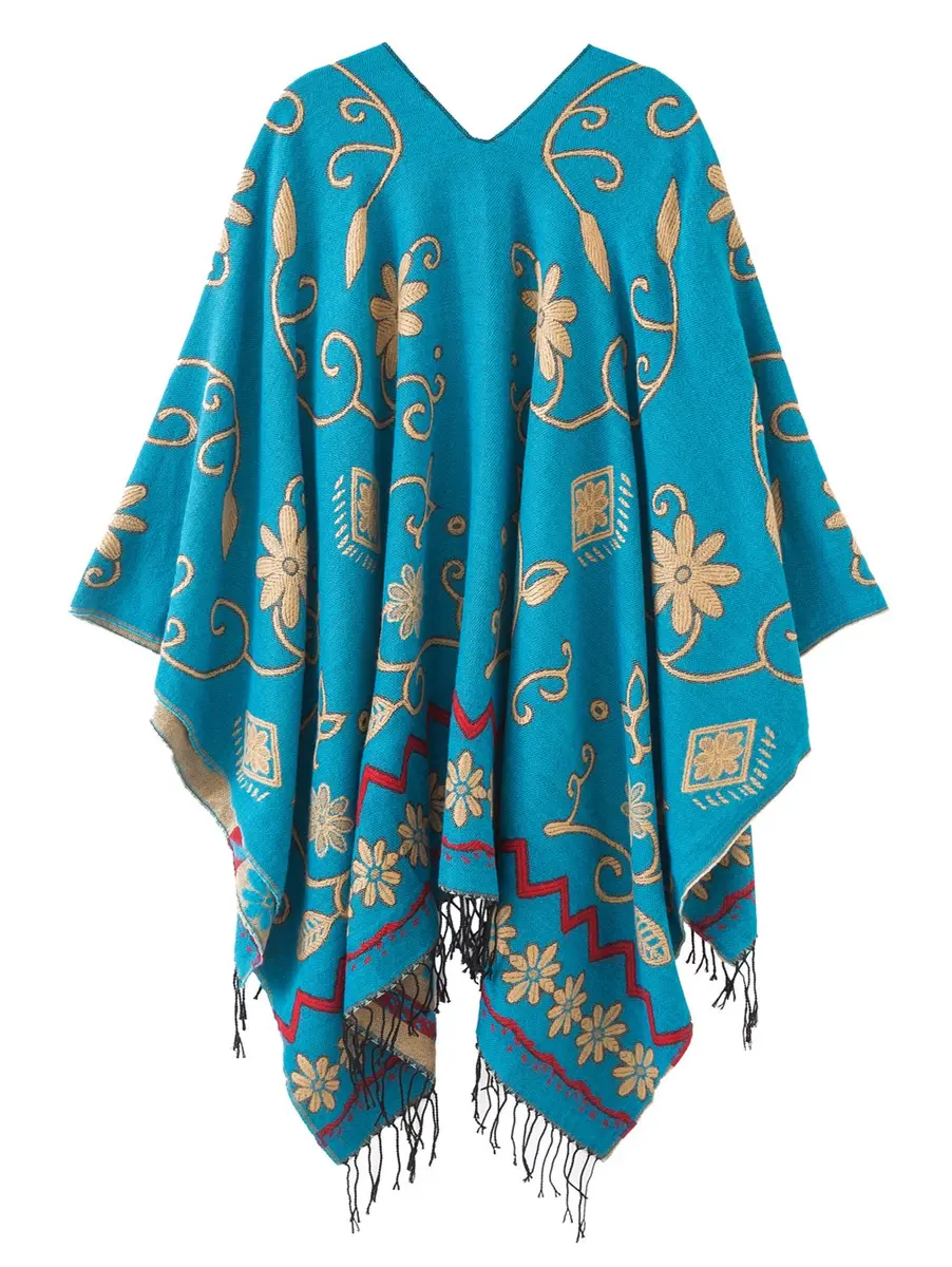 Urban CoCo Women's Retro Style Vintage Pattern Tassel Poncho Cape | Elegant & Comfortable - view 3