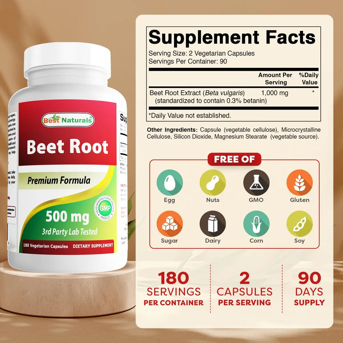 Best Naturals Beet Root Powder 500 Mg Capsules | 180 Count | Rich in Betanin & Vitamins, Supports Energy & Gut Health - view 2