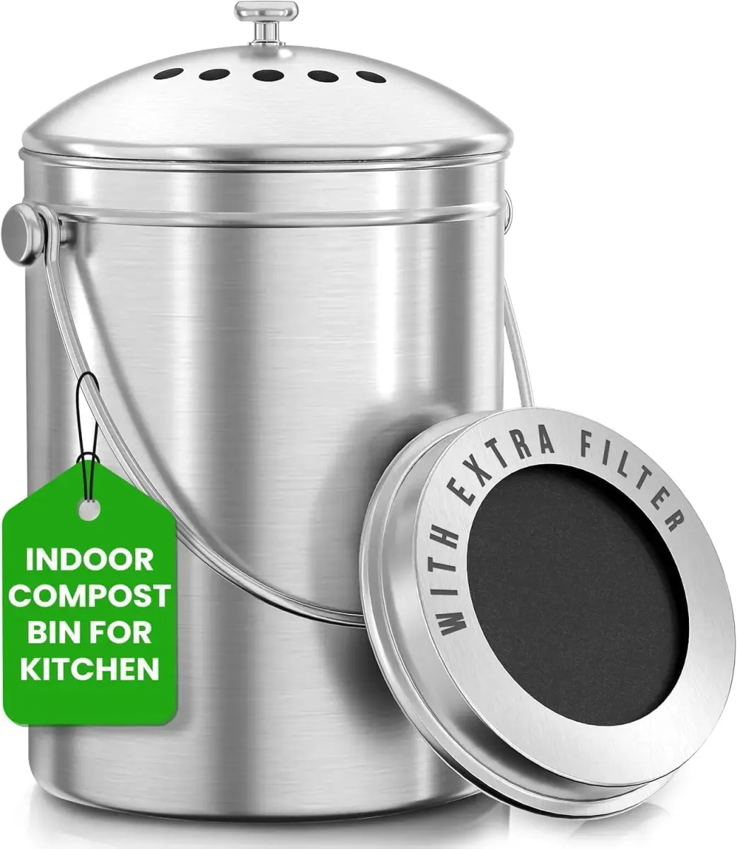 Utopia Kitchen Countertop Compost Bin 1.3 Gallon (4.92L) Stainless Steel Silver | Odorless Kitchen Waste Composter - main product image